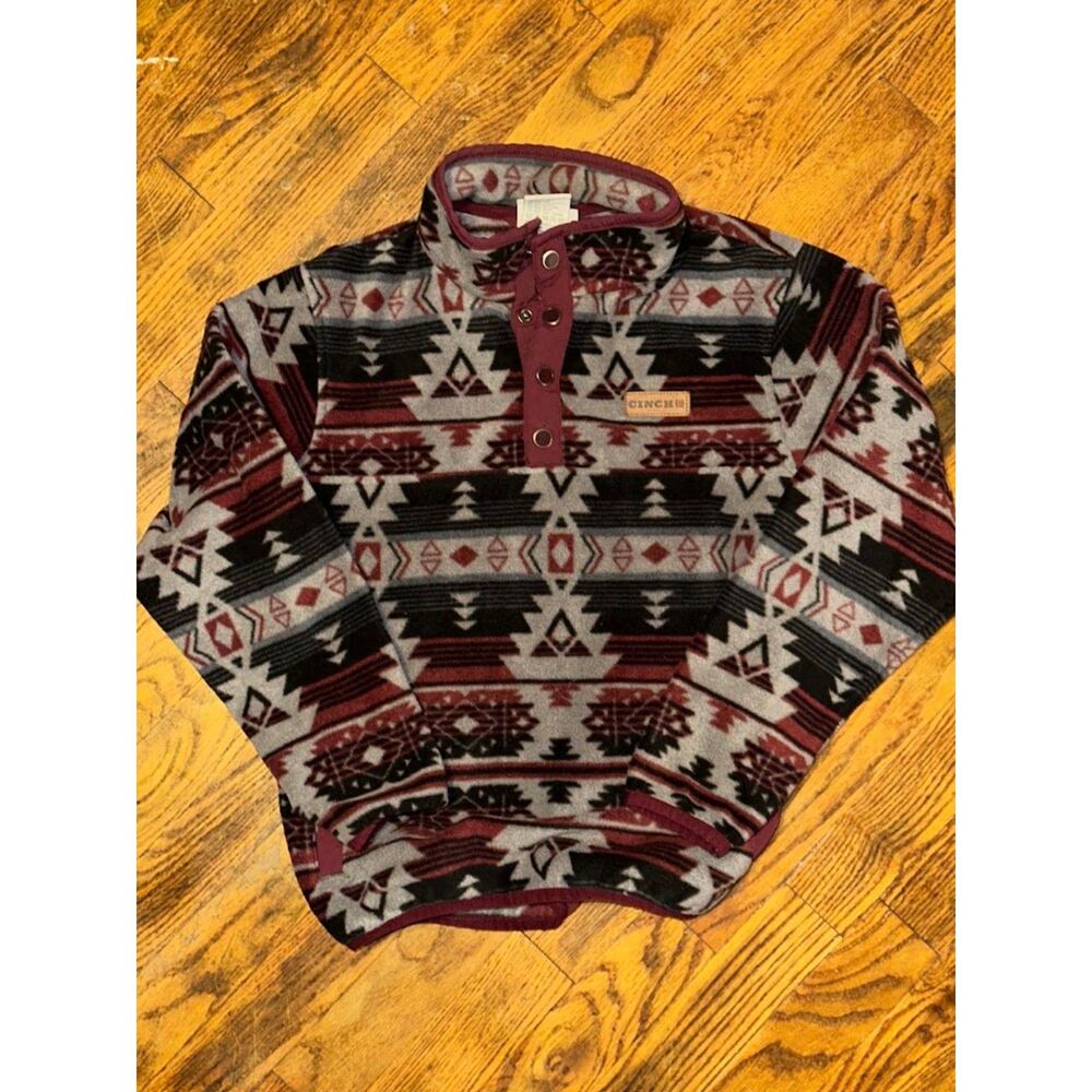 Cinch Red Black Tribal Print Fleece Pullover Size Medium / 10